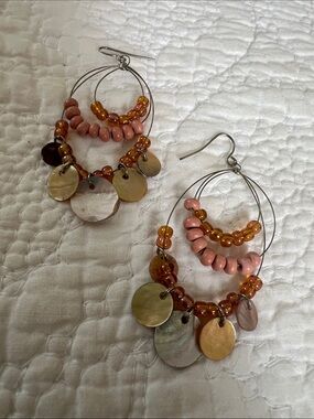 Handcrafted Pink and Amber Beaded Hoop Earrings with Shell Discs